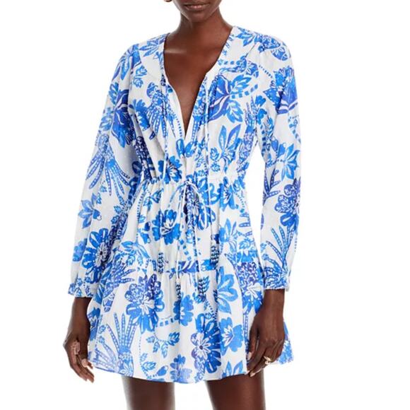 Farm Rio Flowerful Birds Mini Dress Blue White - Picture 1 of 13
